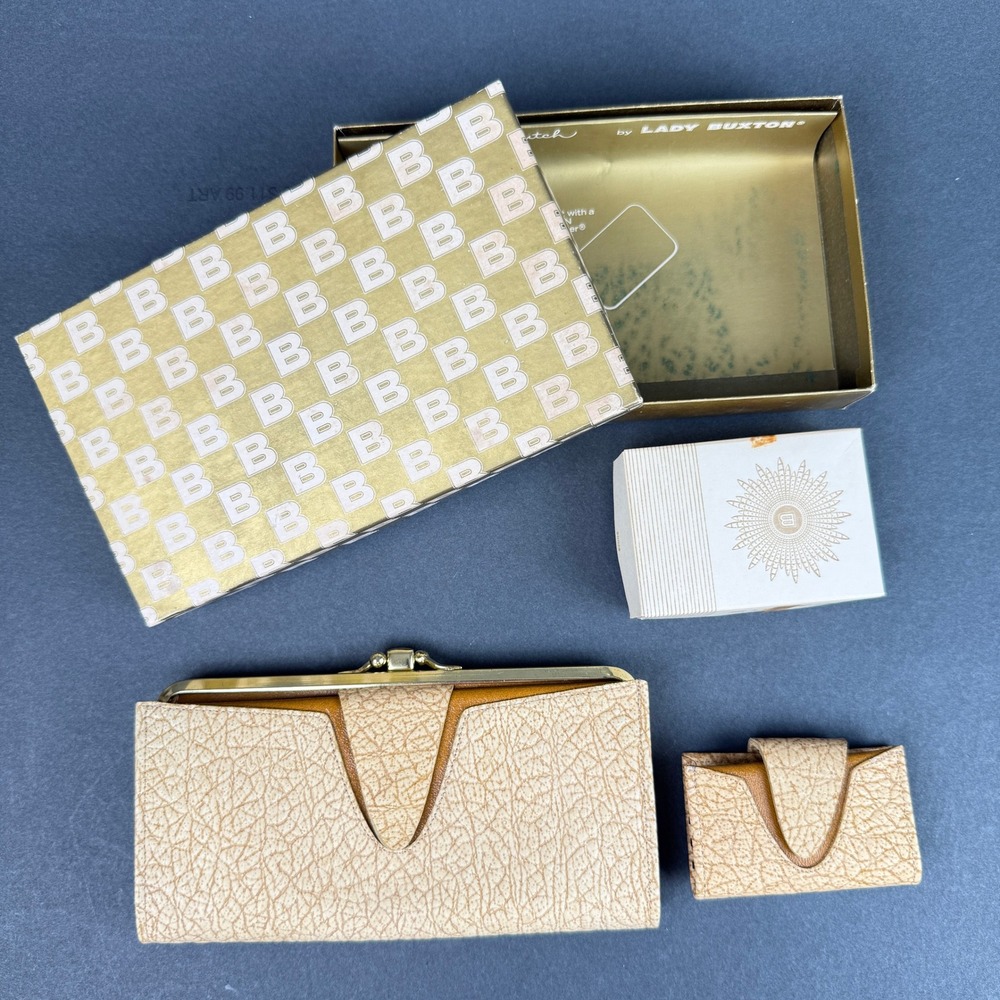 Lady Buxton Vintage Wallet Set Batiste Cowhide Yellow Kiss Lock Boxed Vintage